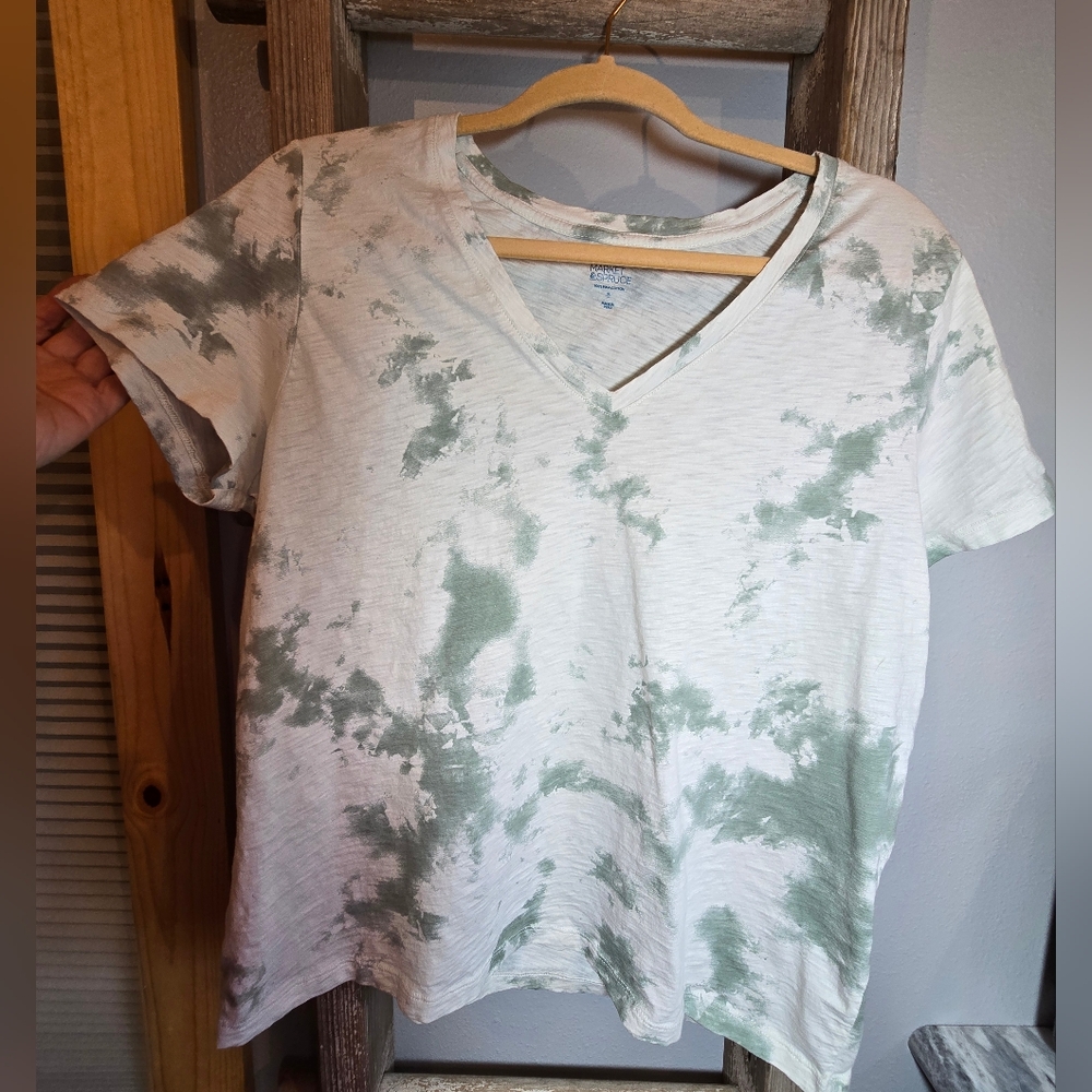 Market & Spruce Zoe V-Neck Tie Dye Cotton Knit Tee Olive Green XL EUC